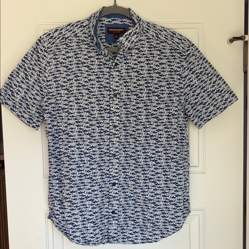 Johnston & Murphy Men's Navy and White Shark Print Button Down Shirt